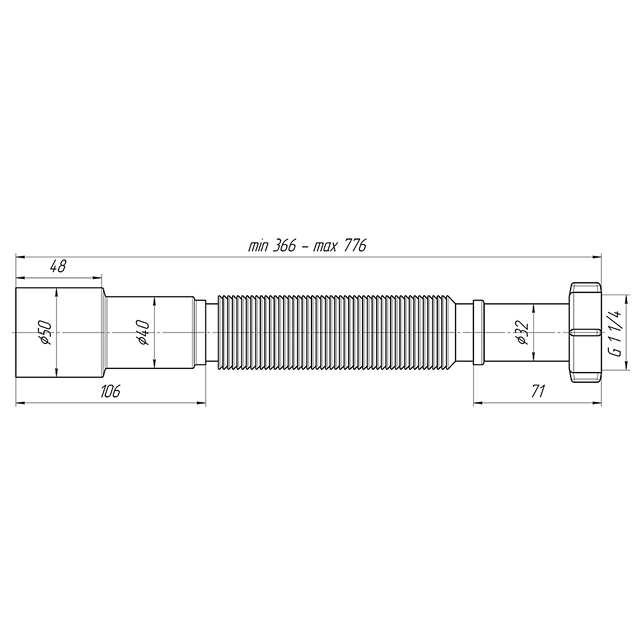 Гибкое соединение 1 1/4" х 40/50 мм L-366-776 мм АНИ Пласт (арт. К206)