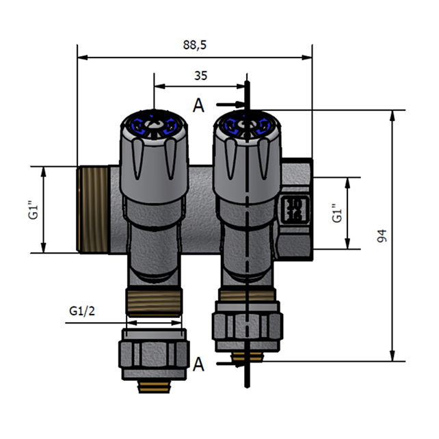Коллектор регулирующий TDM Brass 1" (ВР-НР) с 2 отв. 1/2" (арт. 1106 0112 2W)