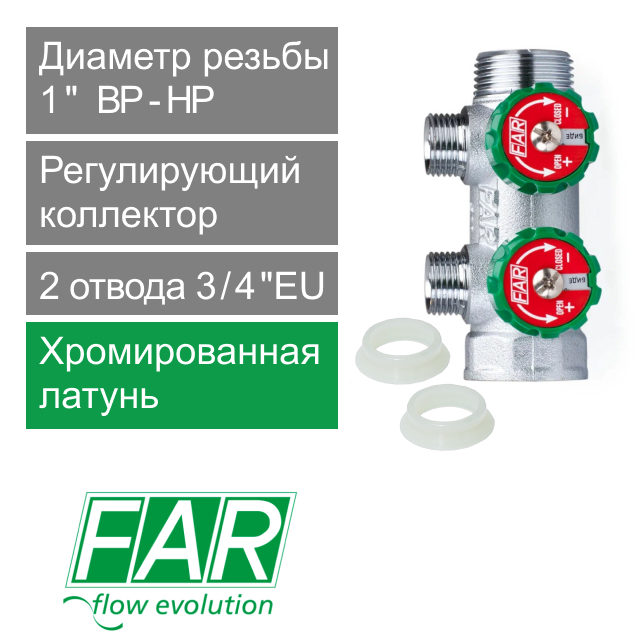 Коллектор регулирующий FAR 1" (ВР-НР) с 2 отв. 3/4"EU с вставкой под плоское уплотнение (арт. FK 3821 134UN)