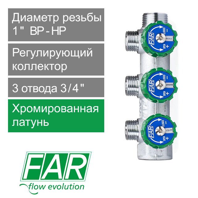 Регулирующий коллектор FAR 1" (ВР-НР) с 3 отв. 3/4" НР, плоское уплотнение (арт. FK 3822 134ТР)