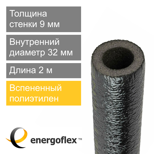 Утеплитель чёрный для труб 32 х 9 мм Energoflex Super Protect Black (арт. EFXT032092SUPRBK-148)