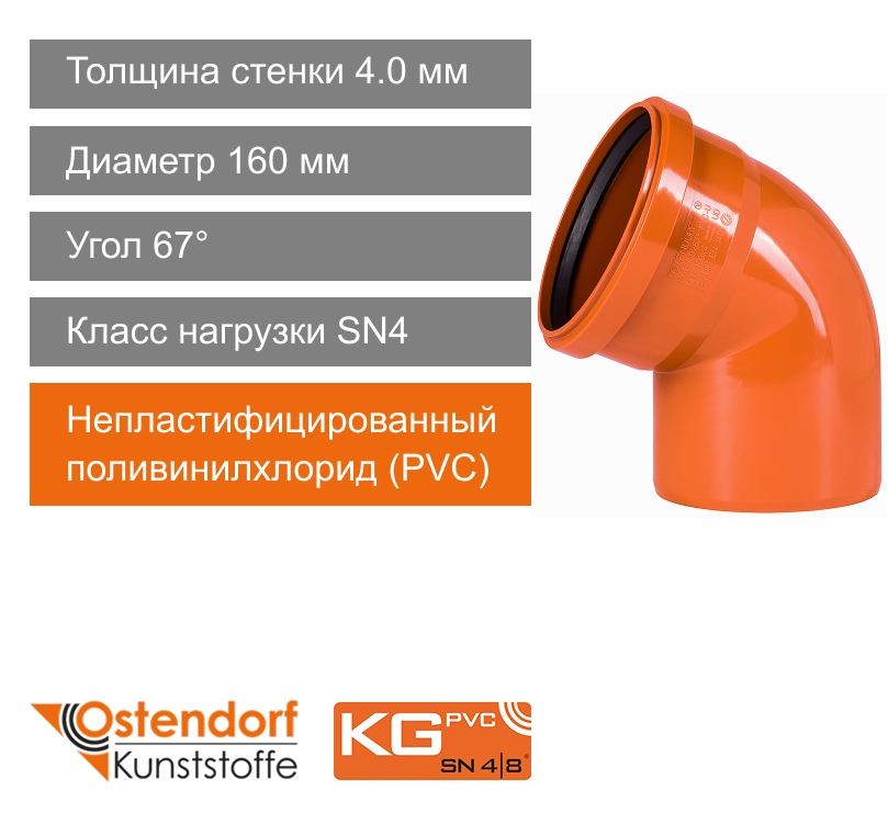 Угол для наружной канализации 160 x 67° Ostendorf KG (арт. 222230)