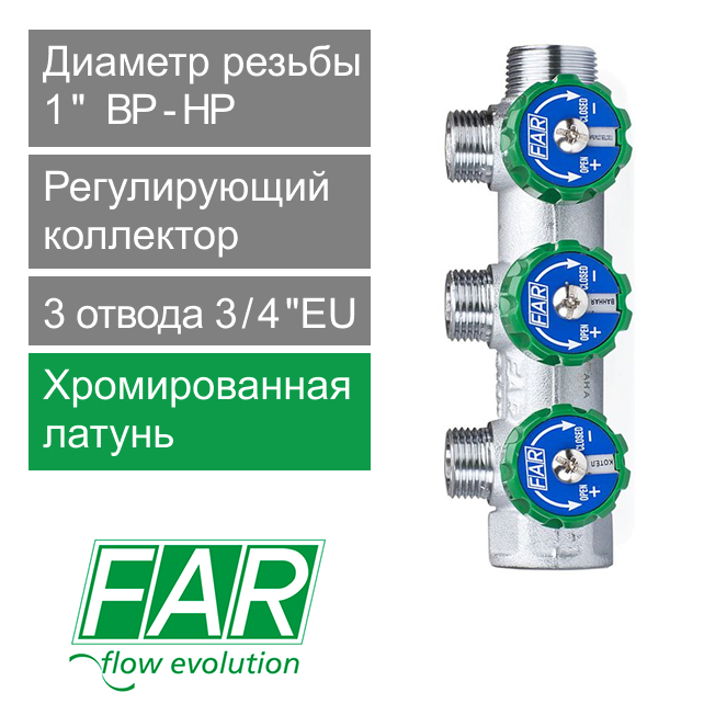 Регулирующий коллектор FAR 1" (ВР-НР) с 3 отв. 3/4" НР (арт. FK 3822 134)
