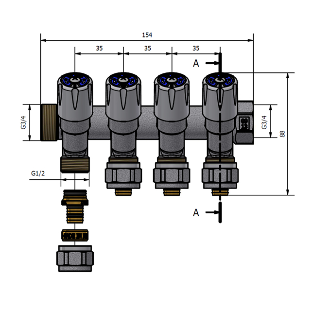 Коллектор регулирующий TDM Brass 3/4" (ВР-НР) с 4 отв. 1/2" (арт. 1106 3412 4W)
