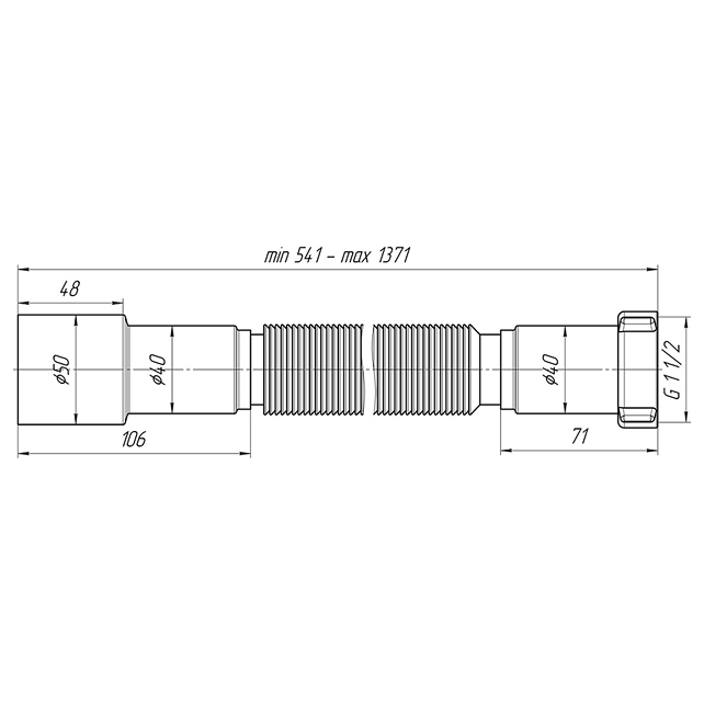 Гибкое соединение удлиненное 1 1/2" х 40/50 мм L-541-1371 мм АНИ Пласт (арт. К116)