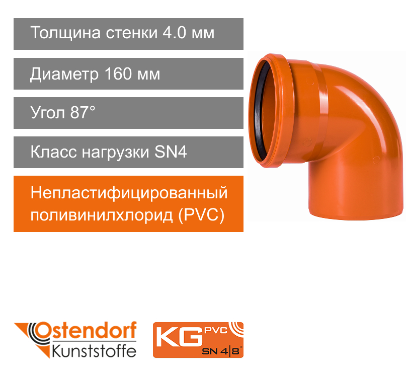 Угол для наружной канализации 160 x 87° Ostendorf KG (арт. 222240)