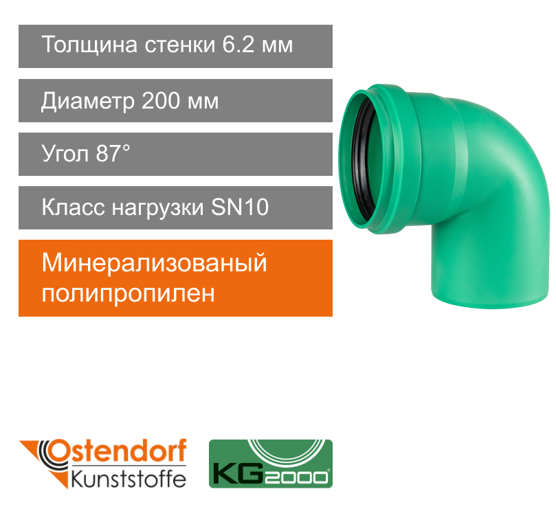Угол для ливневой канализации 200 x 87° Ostendorf KG (арт. 771655)
