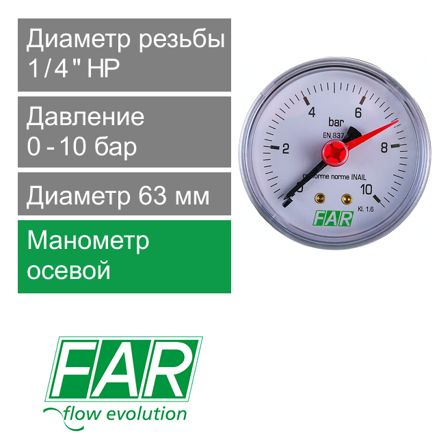 Манометр осевой (торцевой) 63 мм FAR 1/4", 0-10 бар (арт. FA 2500 10)
