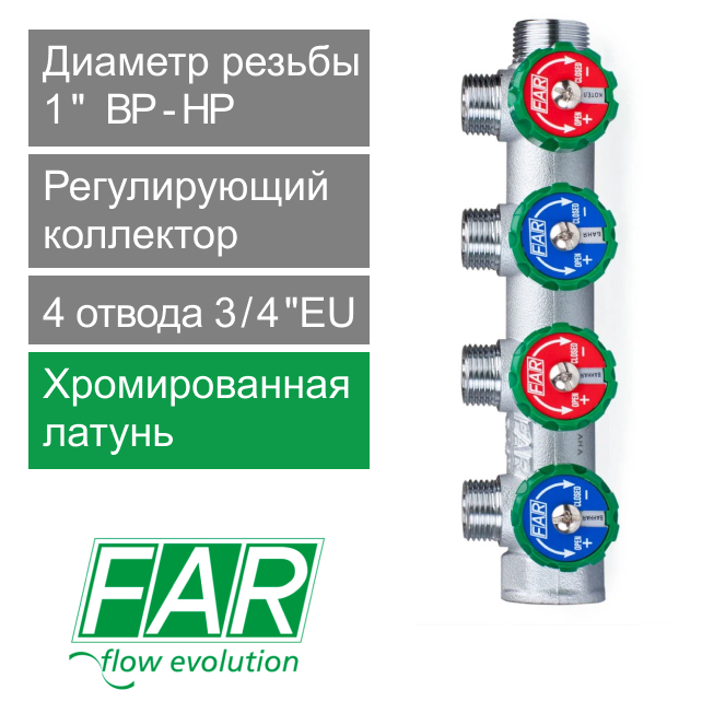 Регулирующий коллектор FAR 1" (ВР-НР) с 4 отв. 3/4" НР (арт. FK 3824 134)