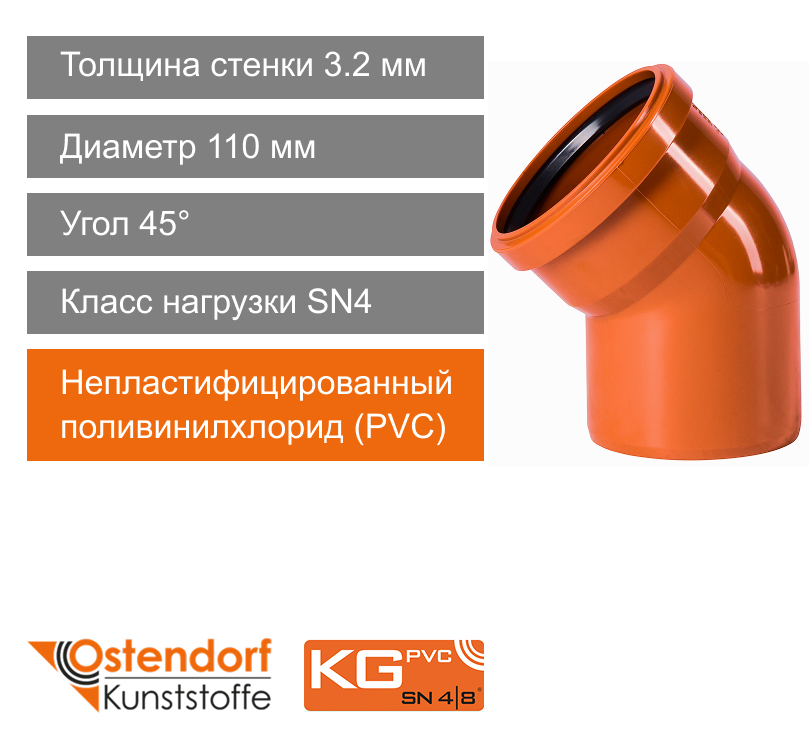 Угол для наружной канализации 110 x 45° Ostendorf KG (арт. 220220)
