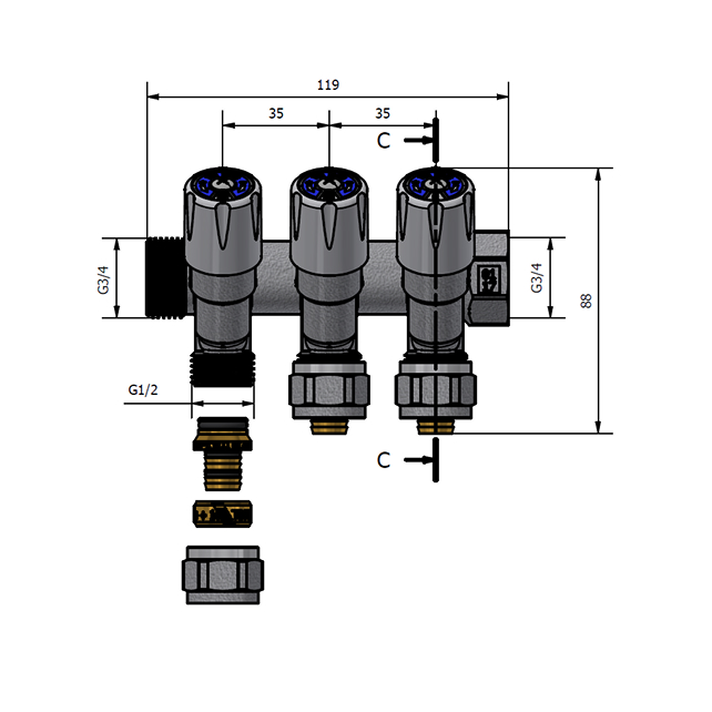 Коллектор регулирующий TDM Brass 3/4" (ВР-НР) с 3 отв. 1/2" (арт. 1106 3412 3W)