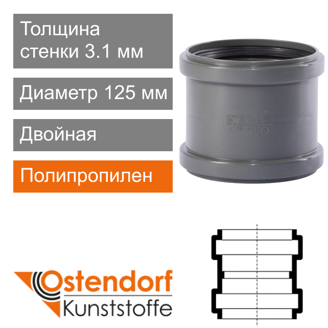 Муфта двойная для внутренней канализации 125 мм Ostendorf HT (арт. 116510)