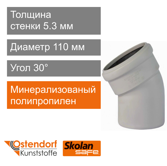 Угол для внутренней канализации 110 x 30° Ostendorf Skolan Safe (арт. 335110 )