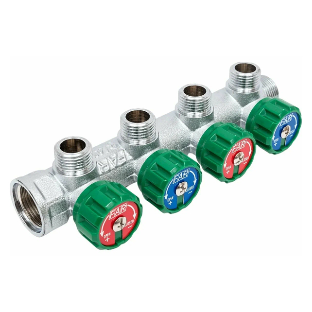Регулирующий коллектор FAR 1" (ВР-НР) с 4 отв. 1/2" НР, плоское уплотнение (арт. FK 3824 112ТР)