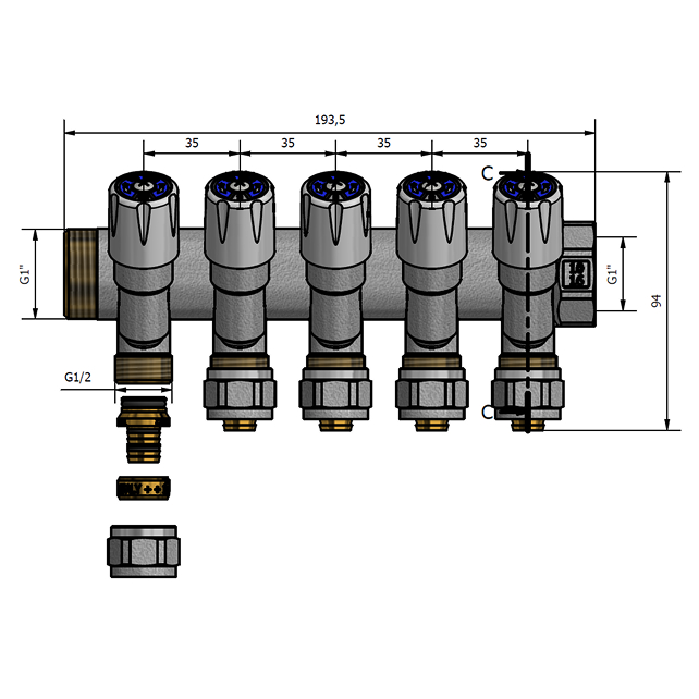 Коллектор регулирующий TDM Brass 1" (ВР-НР) с 4 отв. 1/2" (арт. 1106 0112 4W)