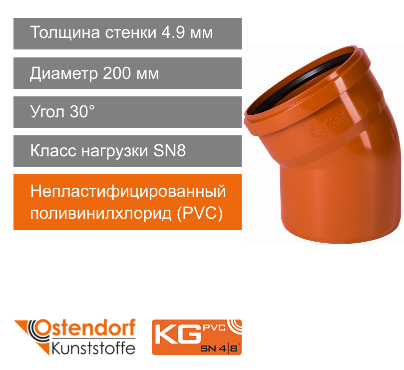 Угол для наружной канализации 200 x 30° Ostendorf KG (арт. 223210)