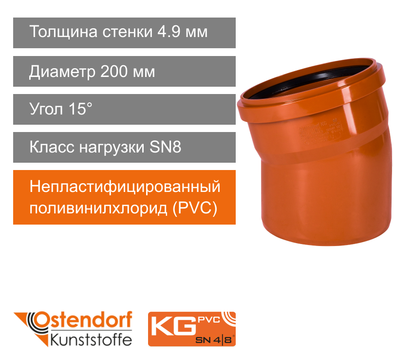 Угол для наружной канализации 200 x 15° Ostendorf KG (арт. 223200)