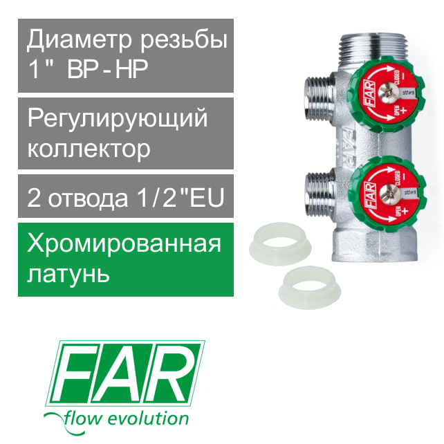 Коллектор регулирующий FAR 1" (ВР-НР) с 2 отв. 1/2"EU с вставкой под плоское уплотнение (арт. FK 3821 112UN)