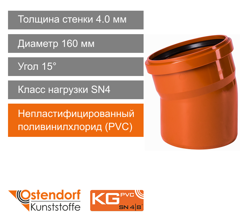 Угол для наружной канализации 160 x 15° Ostendorf KG (арт. 222200)