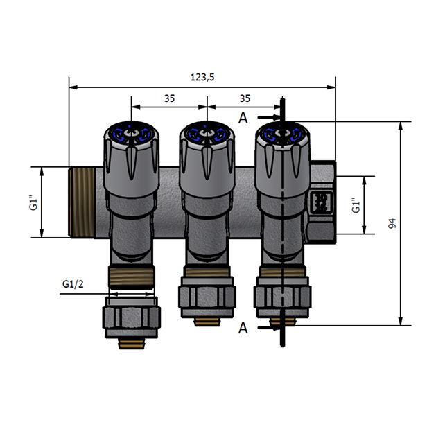 Коллектор регулирующий TDM Brass 1" (ВР-НР) с 3 отв. 1/2" (арт. 1106 0112 3W)