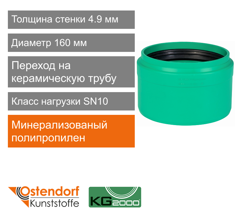 Переход на раструб керамической трубы для ливневой канализации 160 мм Ostendorf KG2000 (арт. 777590)