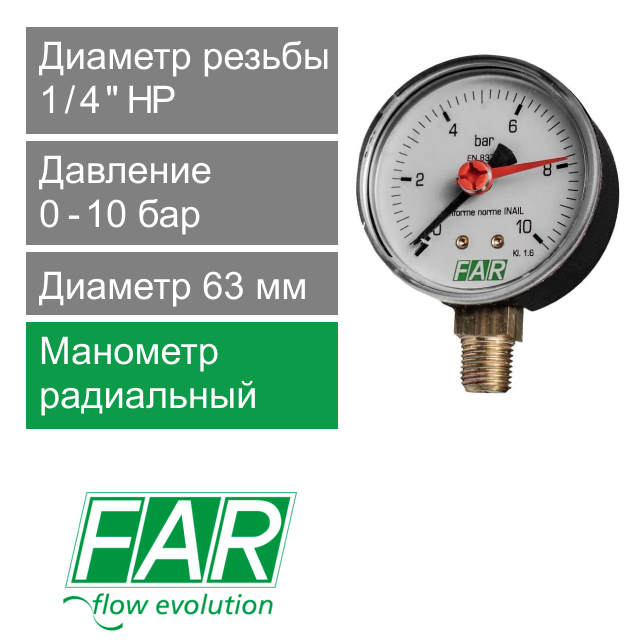 Манометр радиальный 63 мм FAR 1/4", 0-10 бар (арт. FA 2500 R10)