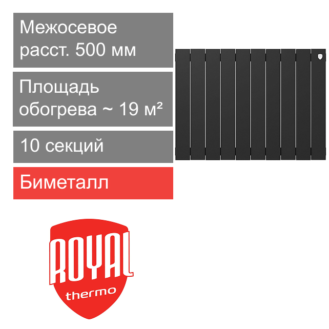Радиатор биметаллический 500/100 PianoForte Noir Sable, 10 секции Royal Thermo