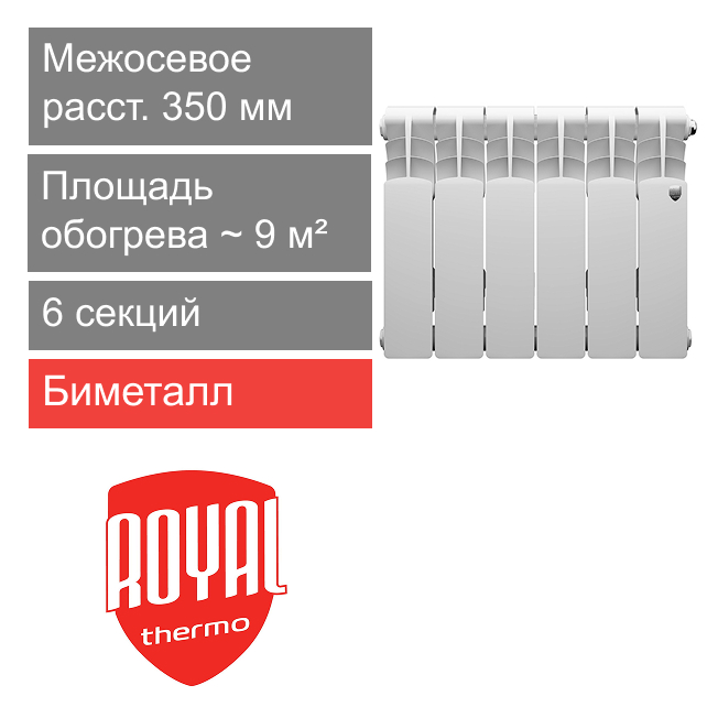 Радиатор биметаллический 350/80 Revolution B, 6 секции Royal Thermo