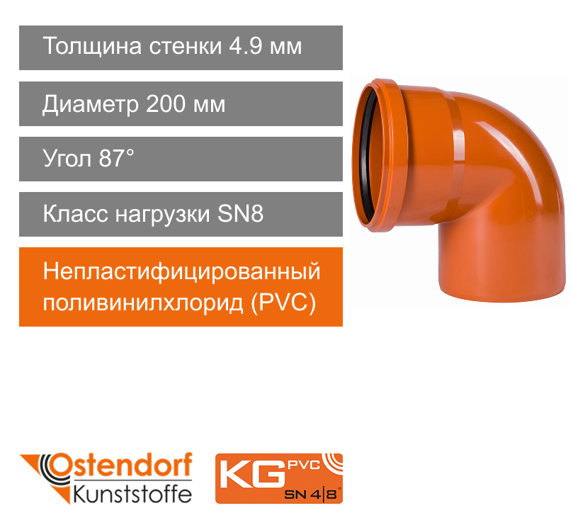 Угол для наружной канализации 200 x 87° Ostendorf KG (арт. 223240)