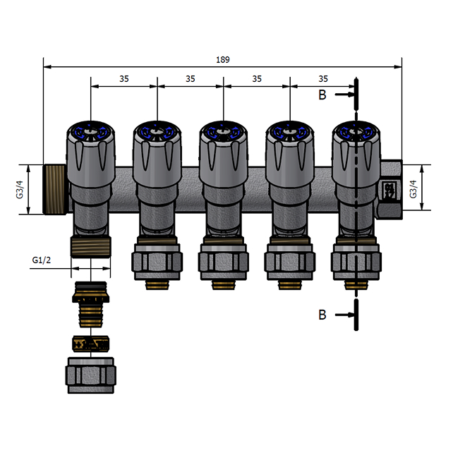Коллектор регулирующий TDM Brass 3/4" (ВР-НР) с 5 отв. 1/2" (арт. 1106 3412 5W)