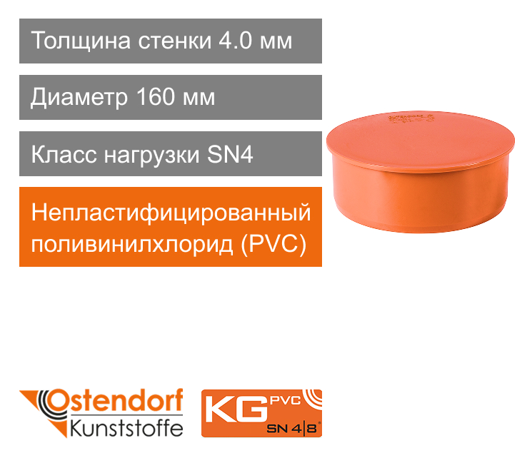 Заглушка для наружной канализации 160 мм Ostendorf KG (арт. 222620)