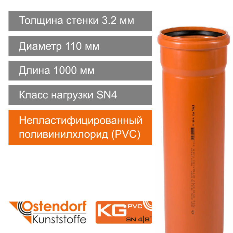 Труба для наружной канализации 110 x 1000 мм Ostendorf KG (арт. 220010)