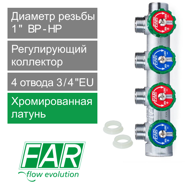 Коллектор регулирующий FAR 1" (ВР-НР) с 4 отв. 3/4"EU с вставкой под плоское уплотнение (арт. FK 3824 134UN)