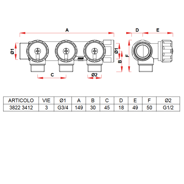 Регулирующий коллектор FAR 3/4" (ВР-НР) с 3 отв. 1/2" НР, плоское уплотнение (арт. FK 3822 3412ТР)