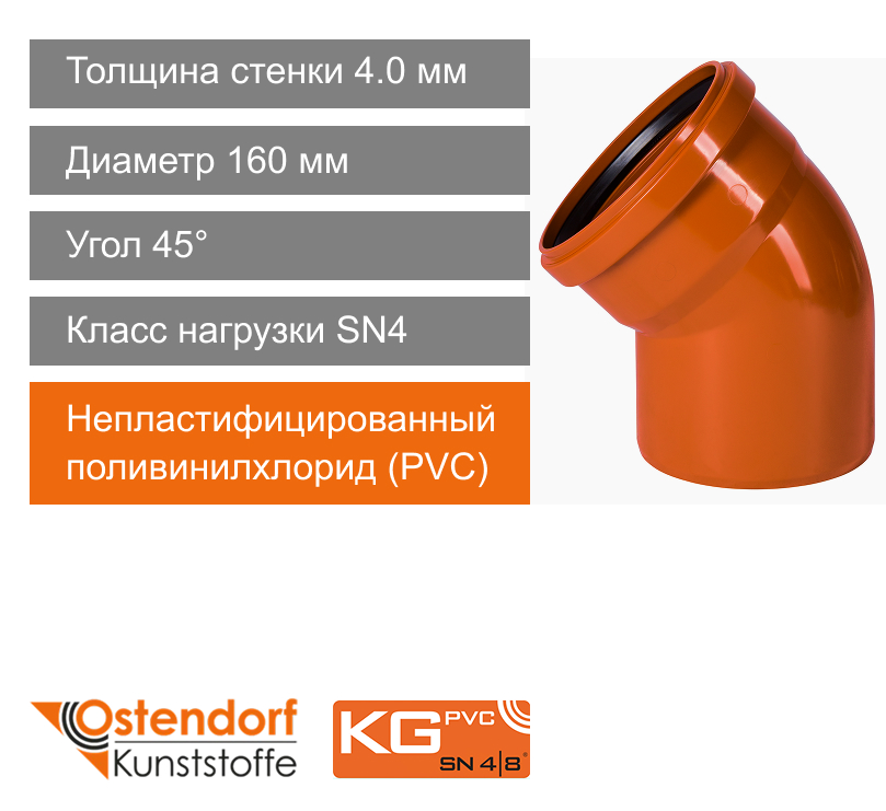 Угол для наружной канализации 160 x 45° Ostendorf KG (арт. 222220)