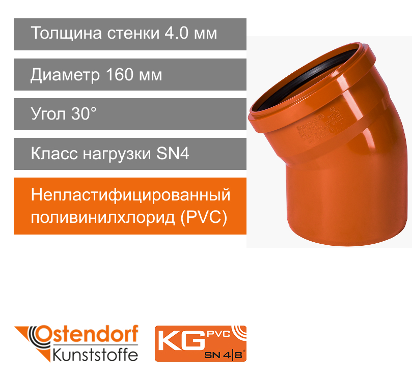 Угол для наружной канализации 160 x 30° Ostendorf KG (арт. 222210)