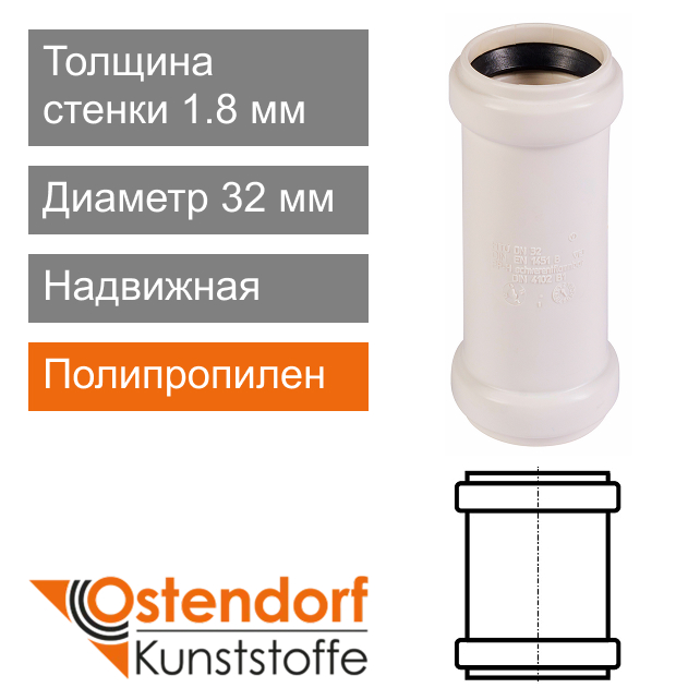 Муфта надвижная для внутренней канализации белая 32 мм Ostendorf HT (арт. 559700)