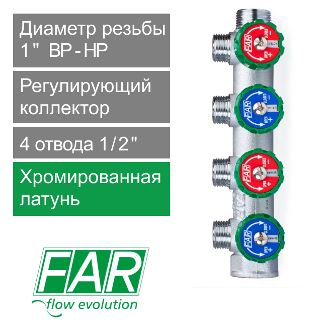 Регулирующий коллектор FAR 1" (ВР-НР) с 4 отв. 1/2" НР, плоское уплотнение (арт. FK 3824 112ТР)