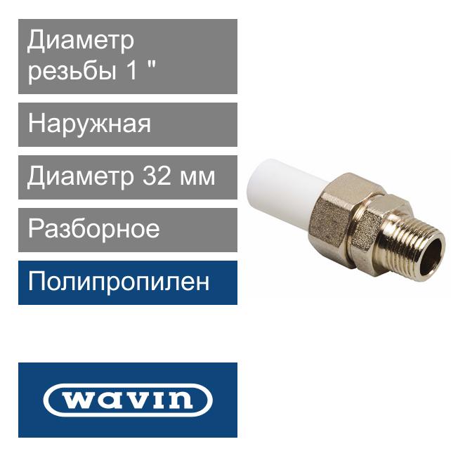 Разборное соединение белое наружное полипропиленовое 32 x 1" Wavin Ekoplastik (арт. BSE03232XX)