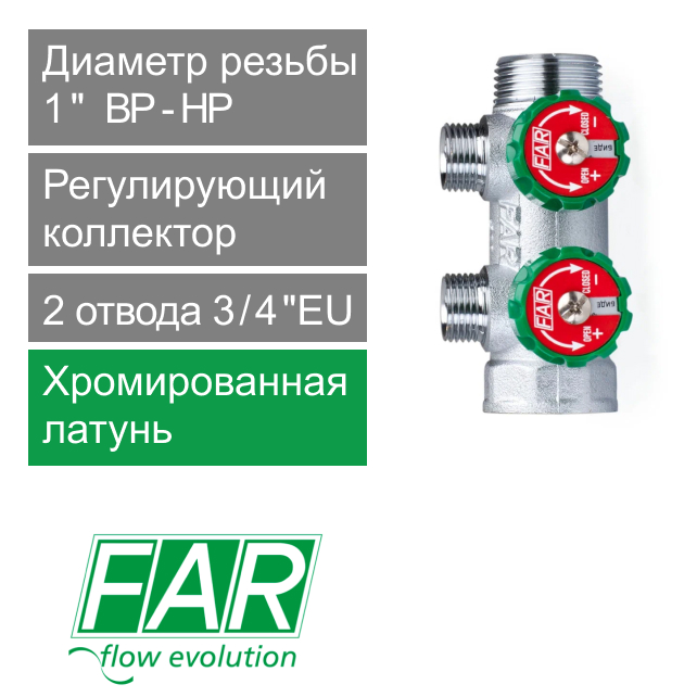 Регулирующий коллектор FAR 1" (ВР-НР) с 2 отв. 3/4" НР (арт. FK 3821 134)