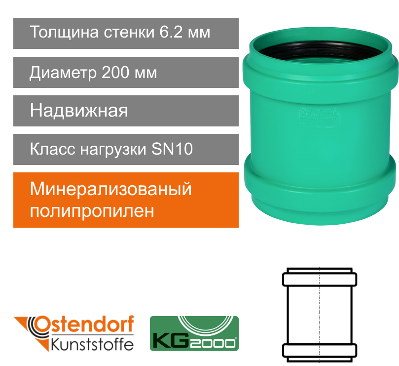 Муфта надвижная для ливневой канализации 200 мм Ostendorf KG2000 (арт.778600)