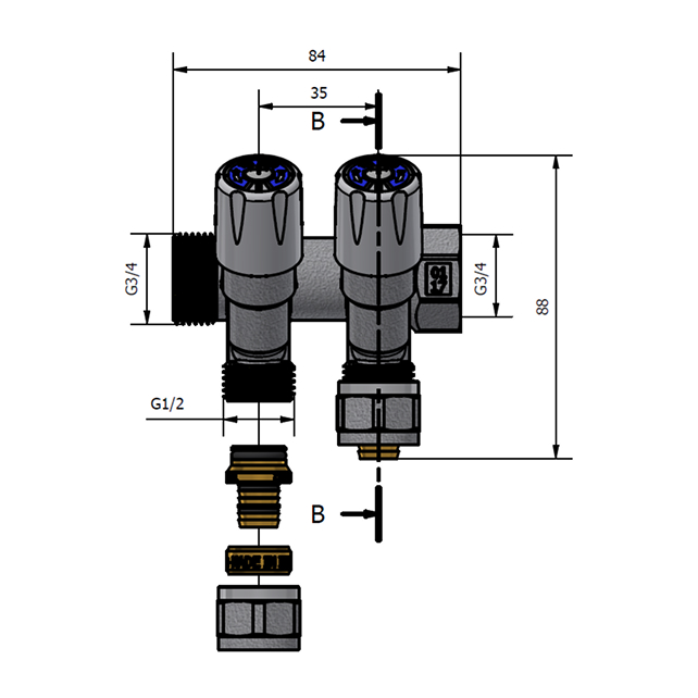 Коллектор регулирующий TDM Brass 3/4" (ВР-НР) с 2 отв. 1/2" (арт. 1106 3412 2W)