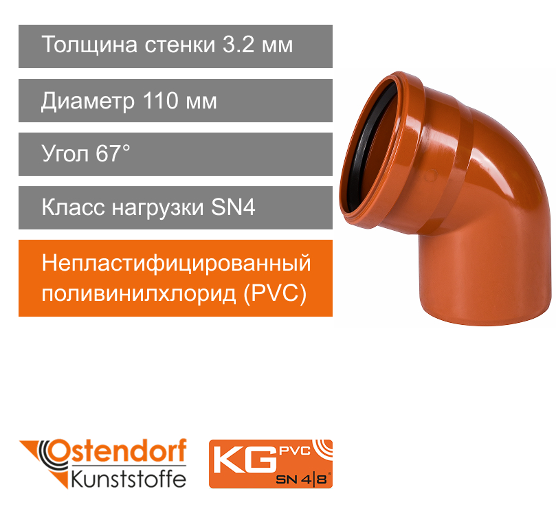 Угол для наружной канализации 110 x 67° Ostendorf KG (арт. 220230)