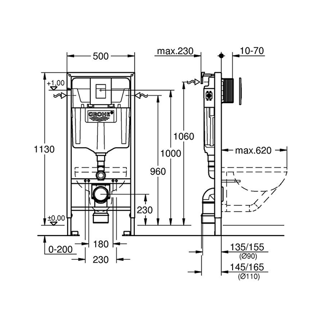 Инсталляция для подвесного унитаза GROHE Rapid SL комплект 3 в 1 с квадратной хромированной панелью смыва Skate Cosmopolitan (арт. 38772001)