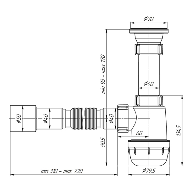 Сифон для мойки с гибкой трубой 1 1/2" 40 х 40/50 мм АНИ Пласт Грот (арт. А0115)