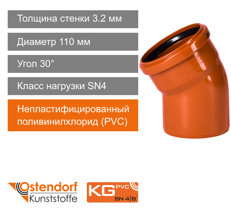 Угол для наружной канализации 110 x 30° Ostendorf KG (арт. 220210)