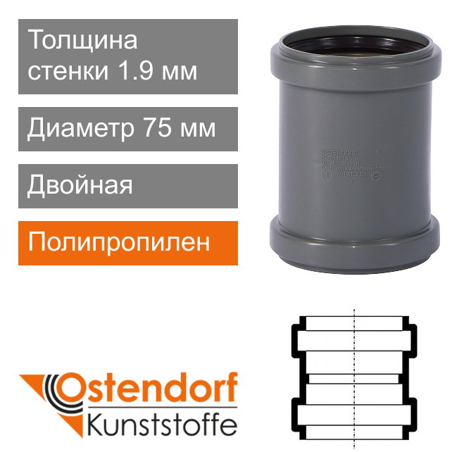 Муфта двойная для внутренней канализации 75 мм Ostendorf HT (арт. 113510)