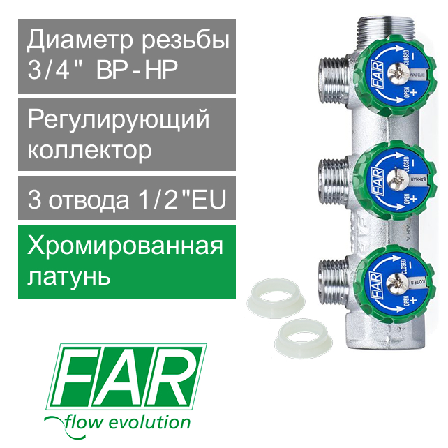 Коллектор регулирующий FAR 3/4" (ВР-НР) с 3 отв. 1/2"EU с вставкой под плоское уплотнение (арт. FK 3822 3412UN)