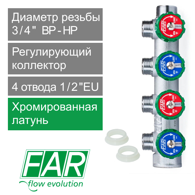 Коллектор регулирующий FAR 3/4" (ВР-НР) с 4 отв. 1/2"EU с вставкой под плоское уплотнение (арт. FK 3824 3412UN)