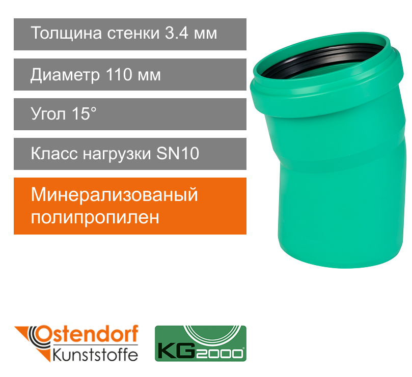 Угол для ливневой канализации 110 x 15° Ostendorf KG (арт. 771300)